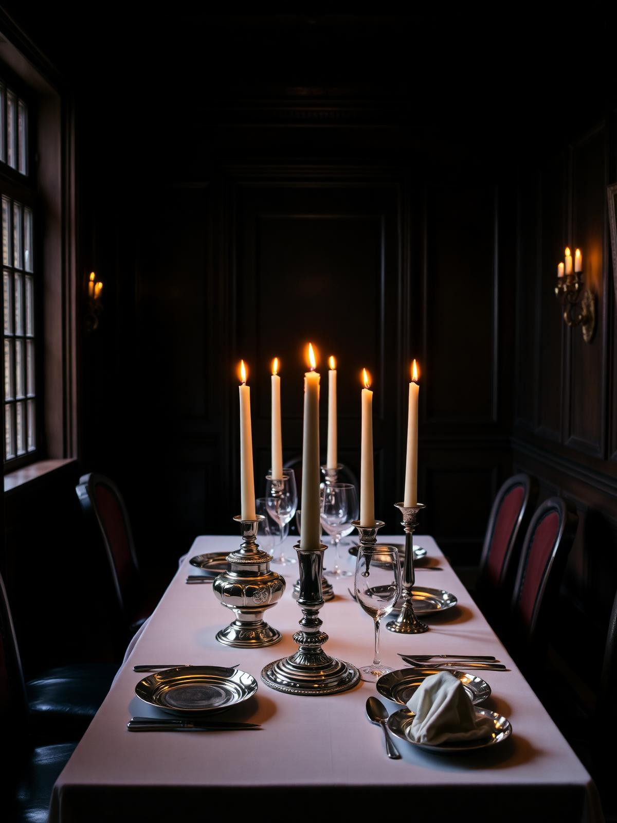 A candlelit private supper laid in a wood-panelled dining room