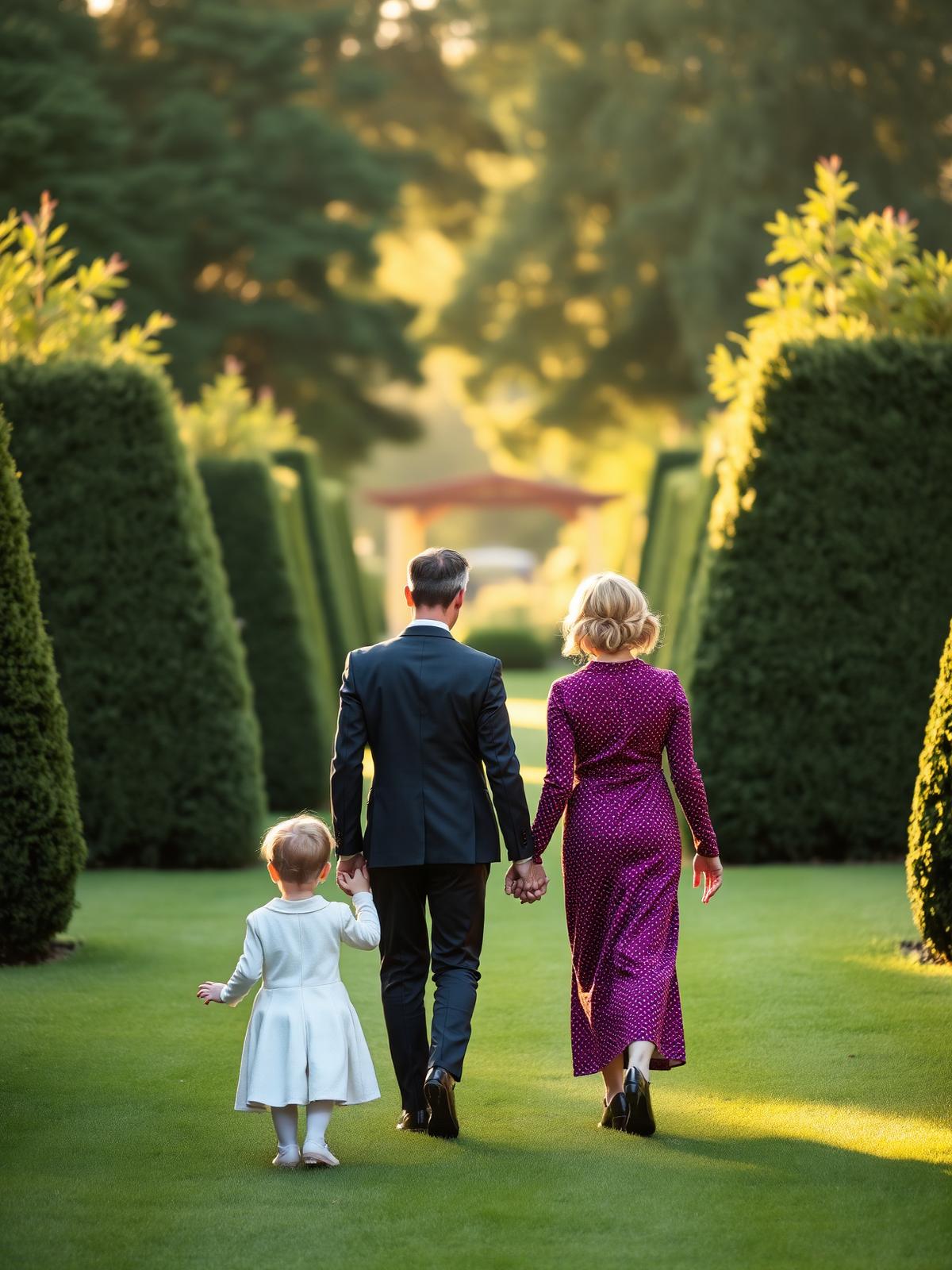 A family walking through a private English garden