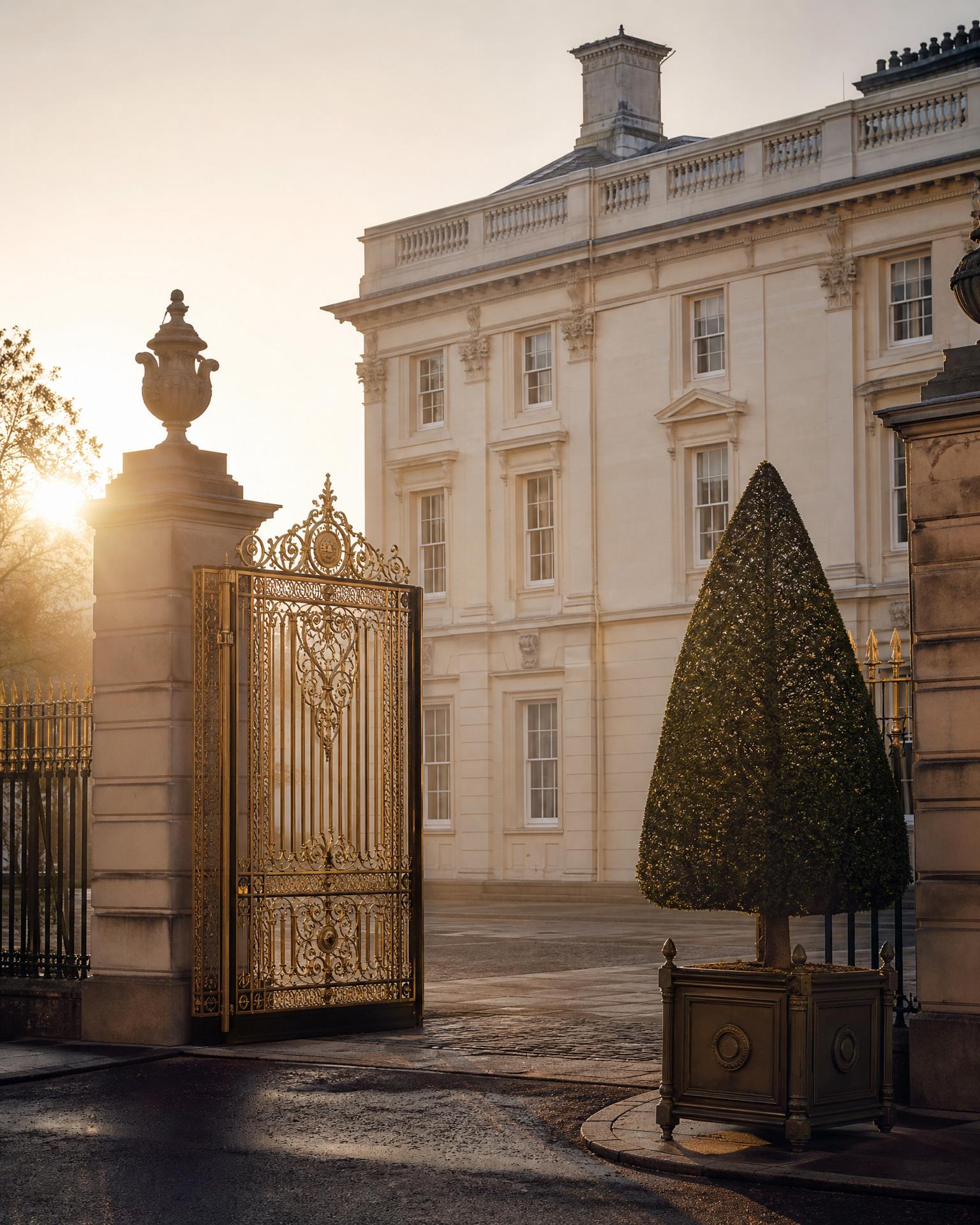 Gilded gates of a private royal London courtyard at dawn