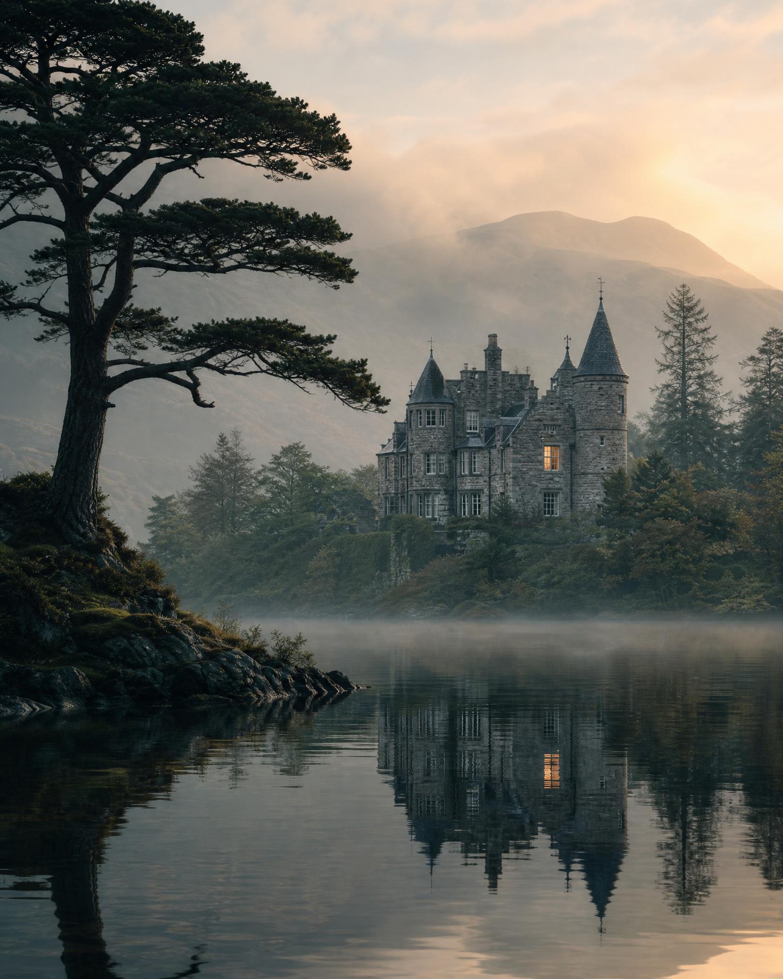 A misty Highland lodge with a still loch in the foreground